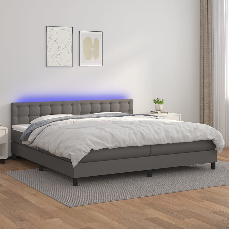 vidaXL Cama box spring c/ colchão/LED 200x200cm couro artificial cinza 1