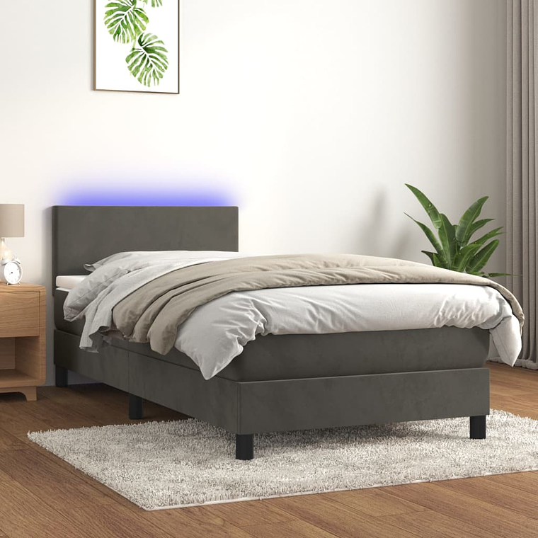 vidaXL Cama box spring c/ colchão/LED 90x190 cm veludo cinzento-escuro 1