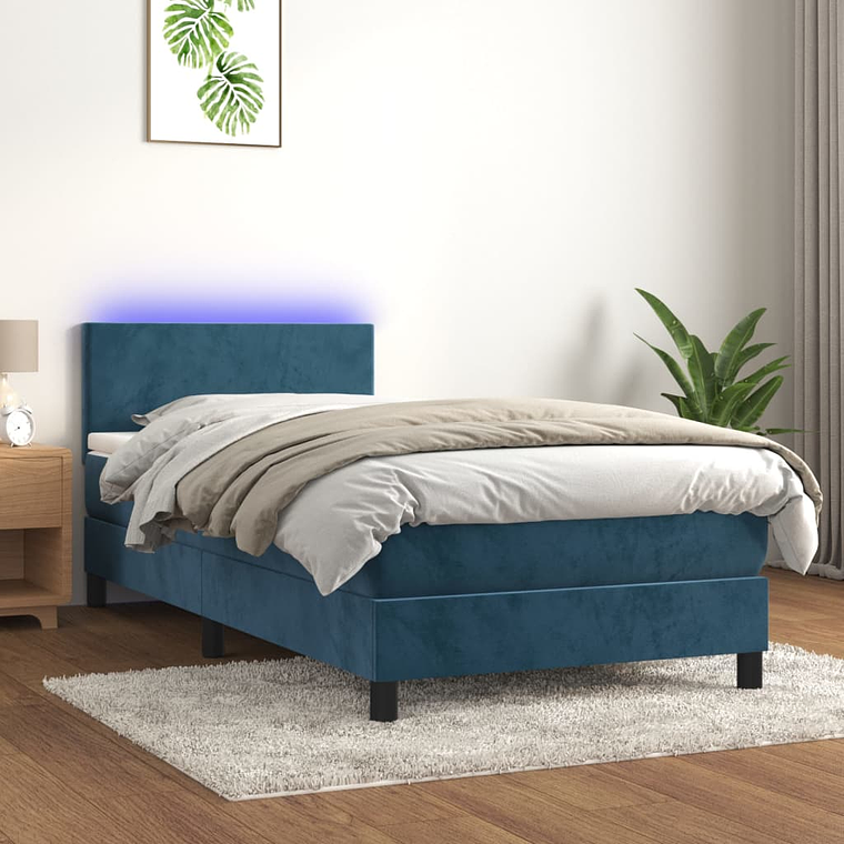 vidaXL Cama box spring c/ colchão/LED 90x190 cm veludo azul-escuro 1