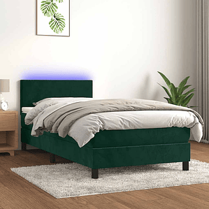 vidaXL Cama box spring c/ colchão/LED 90x200 cm veludo verde-escuro