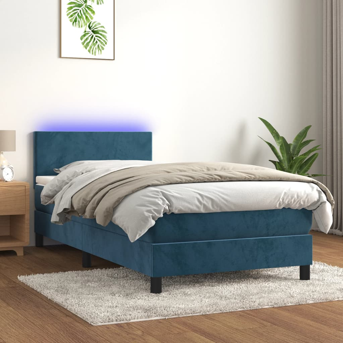vidaXL Cama box spring c/ colchão/LED 90x200 cm veludo azul-escuro 1