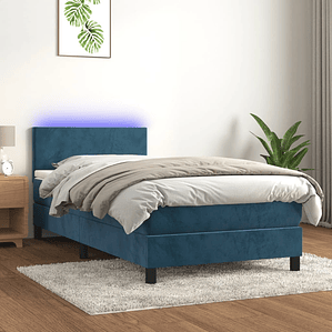 vidaXL Cama box spring c/ colchão/LED 90x200 cm veludo azul-escuro