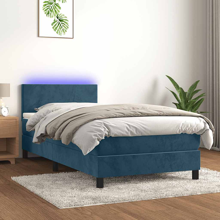 vidaXL Cama box spring c/ colchão/LED 100x200 cm veludo azul-escuro 1