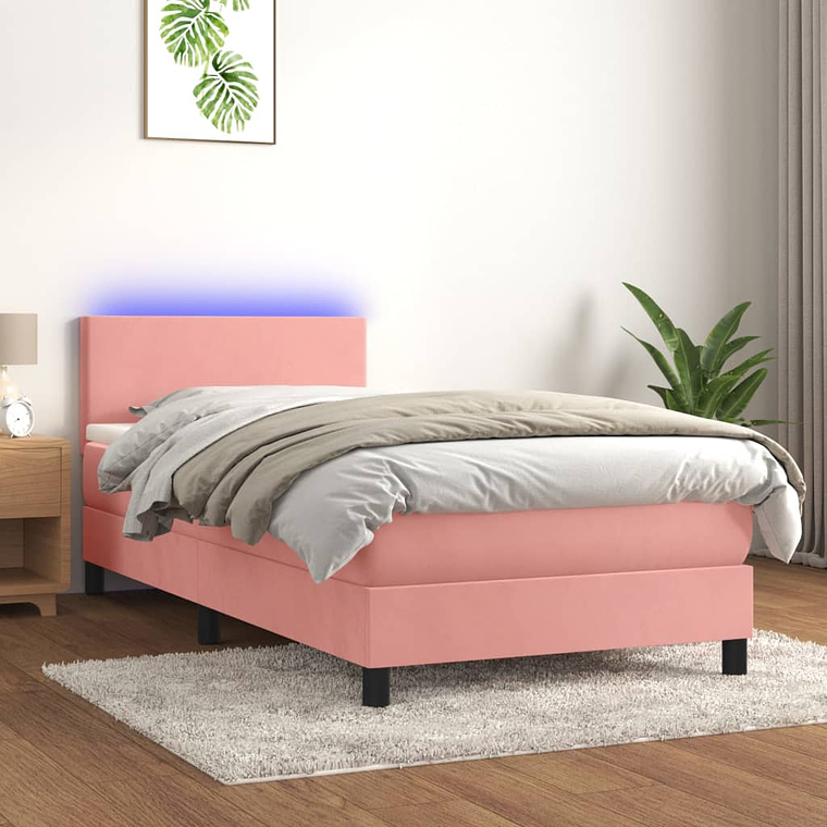 vidaXL Cama box spring c/ colchão/LED 100x200 cm veludo rosa 1