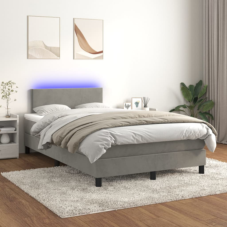 vidaXL Cama box spring c/ colchão/LED 120x200 cm veludo cinzento-claro 1