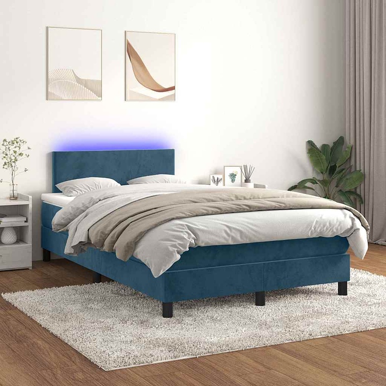 vidaXL Cama box spring c/ colchão/LED 120x200 cm veludo azul-escuro 1