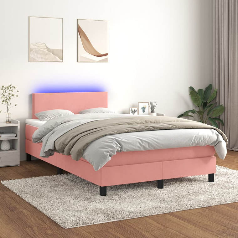 vidaXL Cama box spring c/ colchão/LED 120x200 cm veludo rosa 1