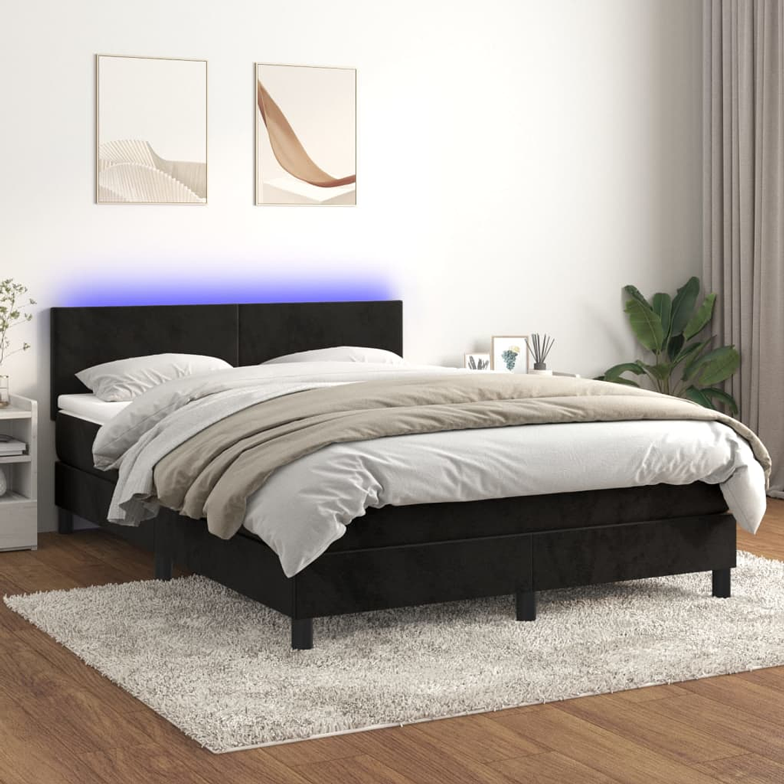 vidaXL Cama box spring c/ colchão/LED 140x190 cm veludo preto 1