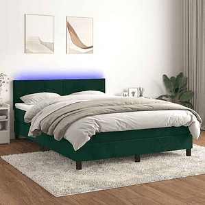 vidaXL Cama box spring c/ colchão/LED 140x190 cm veludo verde-escuro