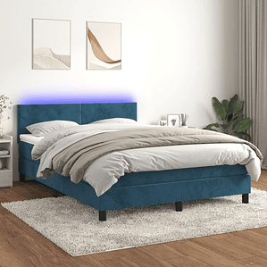 vidaXL Cama box spring c/ colchão/LED 140x200 cm veludo azul-escuro