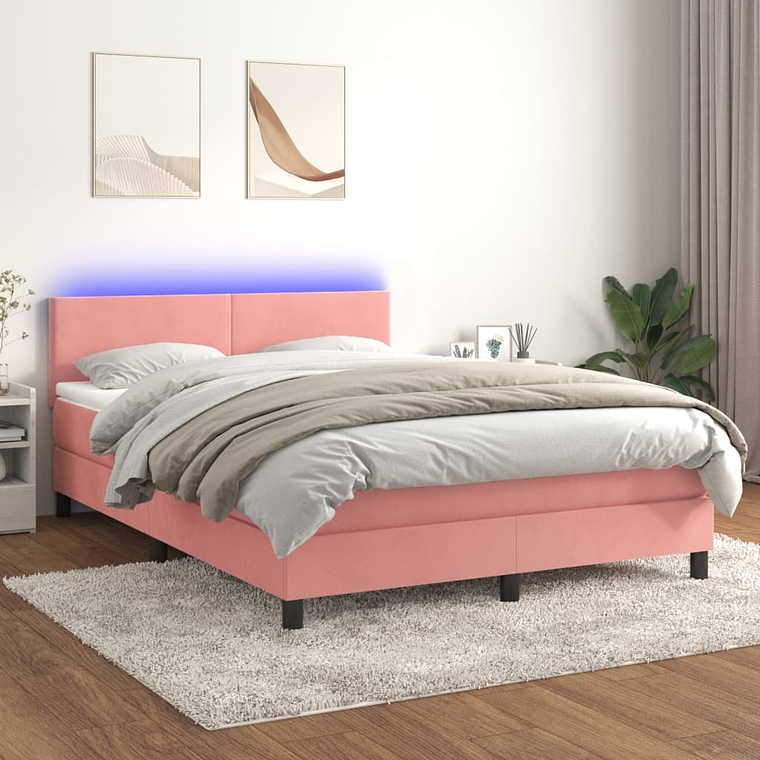 vidaXL Cama box spring c/ colchão/LED 140x200 cm veludo rosa 1
