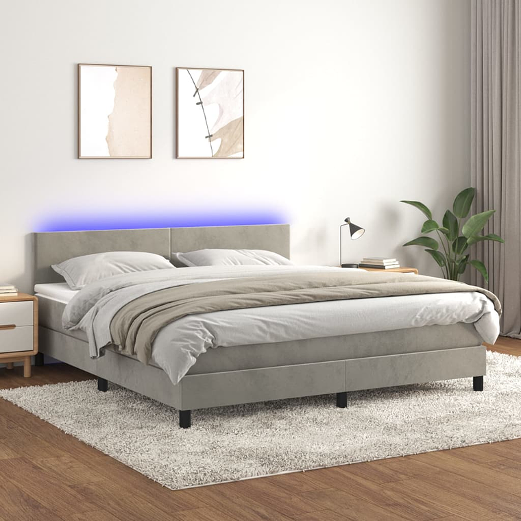 vidaXL Cama box spring c/ colchão/LED 160x200 cm veludo cinzento-claro 1