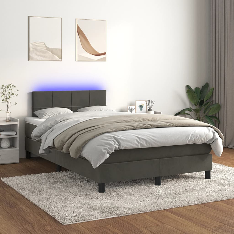 vidaXL Cama box spring c/ colchão/LED 120x200cm veludo cinzento-escuro 1