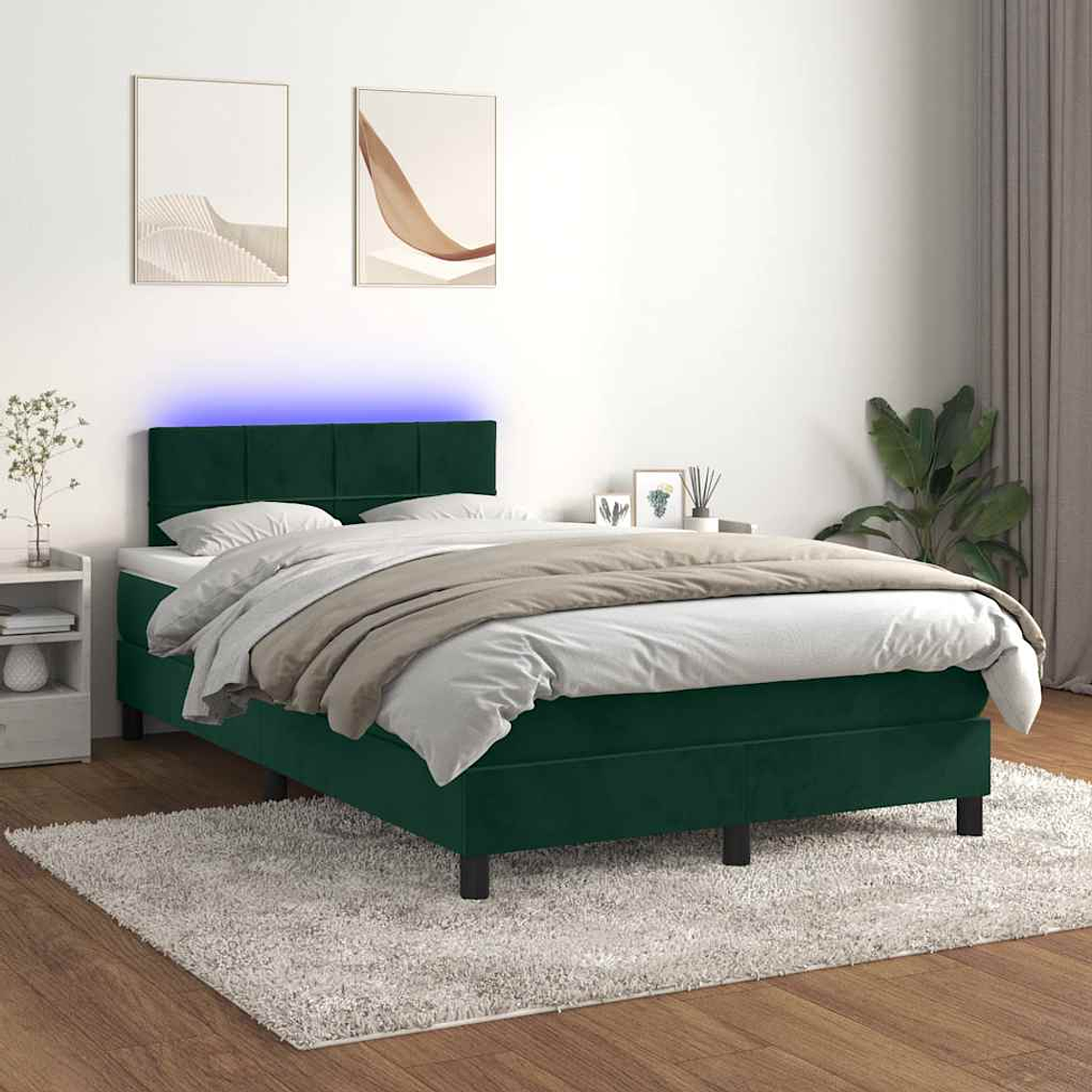 vidaXL Cama box spring c/ colchão/LED 120x200 cm veludo verde-escuro 1