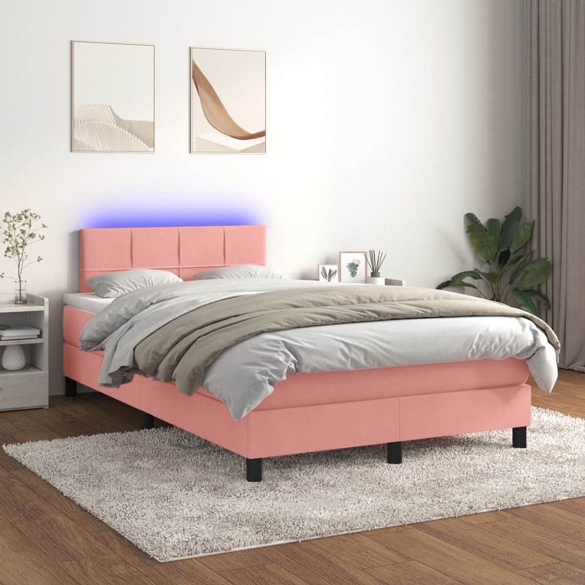 vidaXL Cama box spring c/ colchão/LED 120x200 cm veludo rosa 1