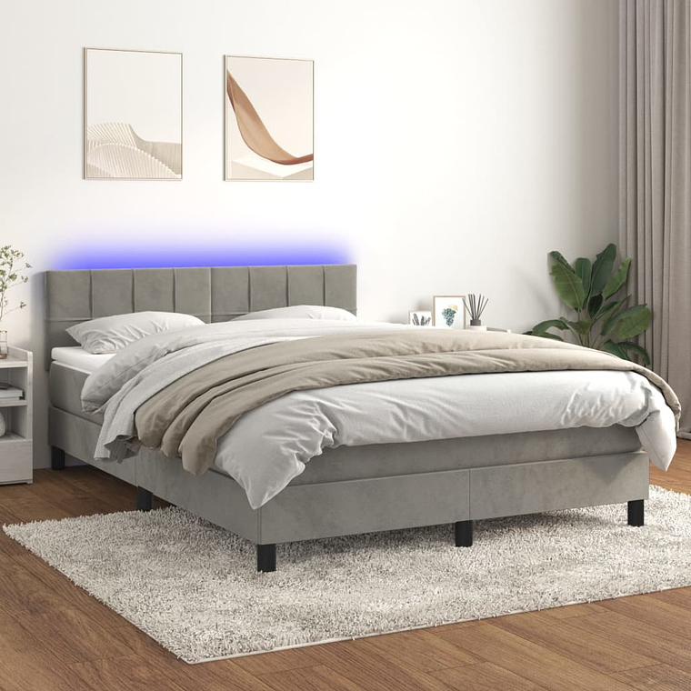 vidaXL Cama box spring c/ colchão/LED 140x190 cm veludo cinzento 1