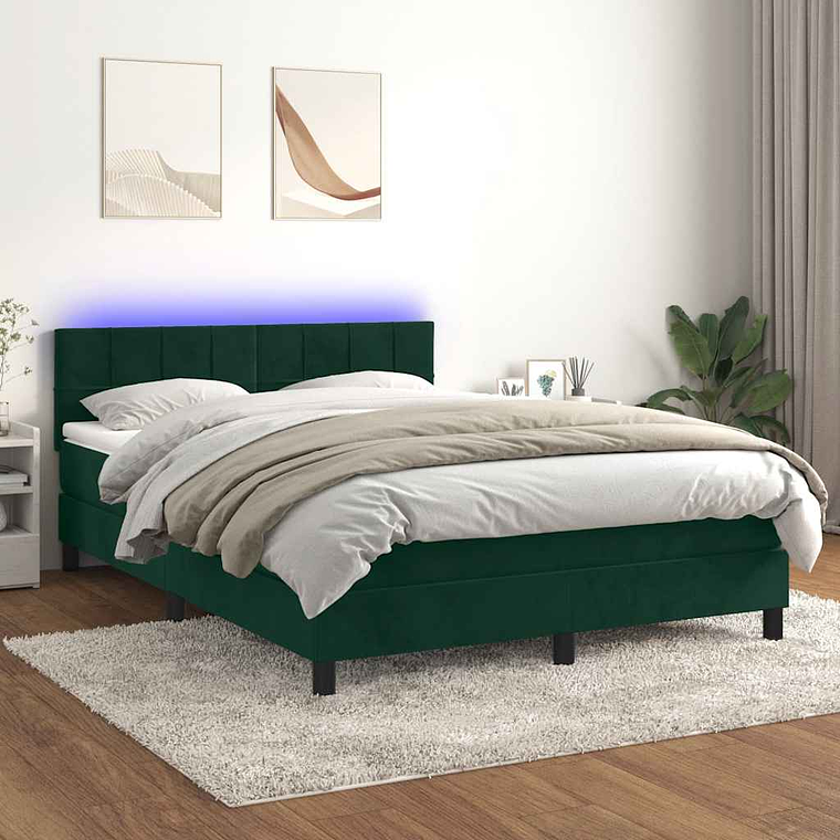 vidaXL Cama box spring c/ colchão/LED 140x190 cm veludo verde-escuro 1