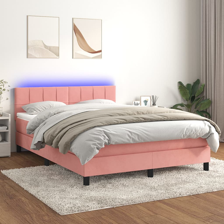 vidaXL Cama box spring c/ colchão/LED 140x190 cm veludo rosa 1