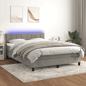vidaXL Cama box spring c/ colchão/LED 140x200 cm veludo cinzento-claro