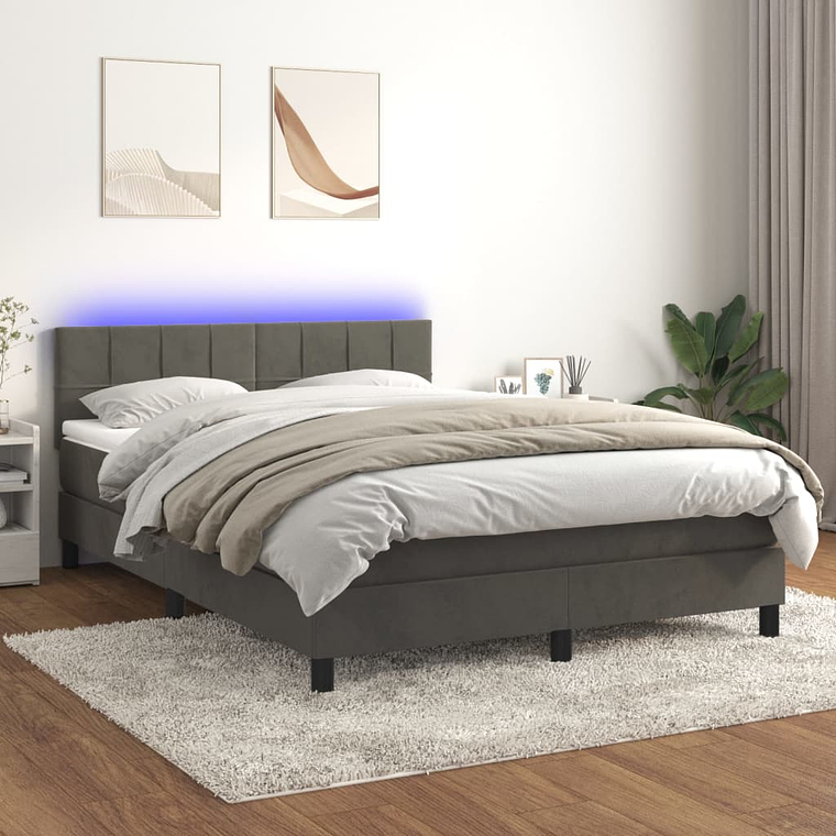 vidaXL Cama box spring c/ colchão/LED 140x200cm veludo cinzento-escuro 1
