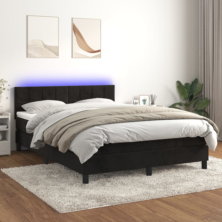 vidaXL Cama box spring c/ colchão/LED 140x200 cm veludo preto 1