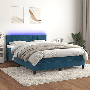 vidaXL Cama box spring c/ colchão/LED 140x200 cm veludo azul-escuro