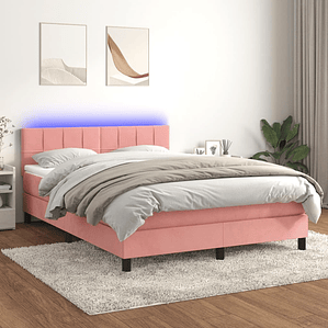 vidaXL Cama box spring c/ colchão/LED 140x200 cm veludo rosa