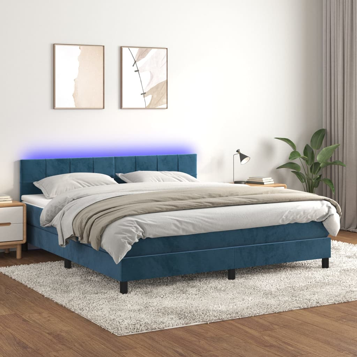 vidaXL Cama box spring c/ colchão/LED 160x200 cm veludo azul-escuro 1