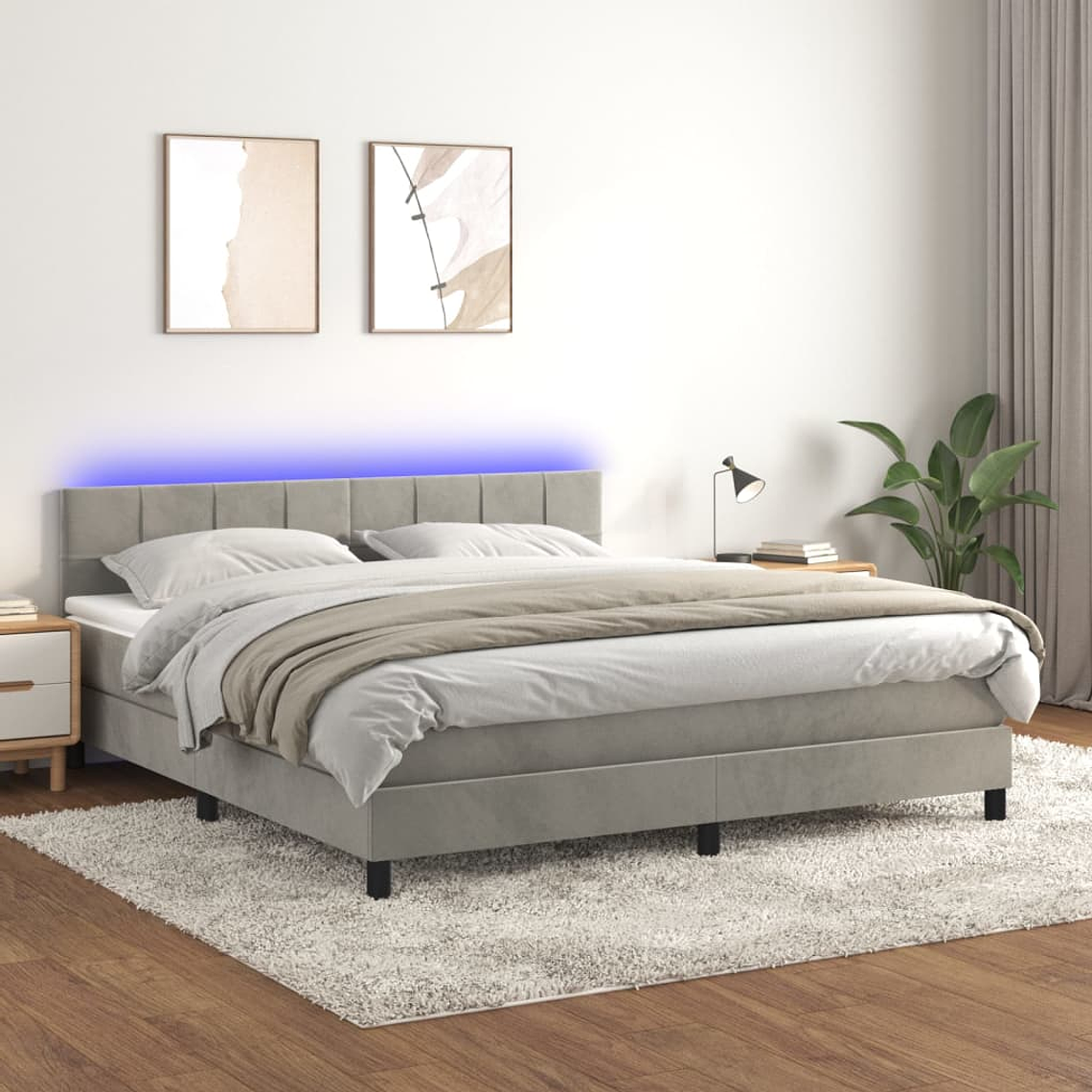 vidaXL Cama box spring c/ colchão/LED 180x200 cm veludo cinzento-claro 1