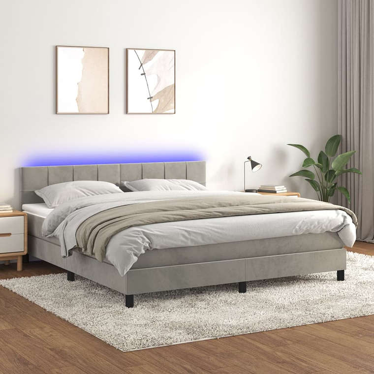 vidaXL Cama box spring c/ colchão/LED 180x200 cm veludo cinzento-claro 1