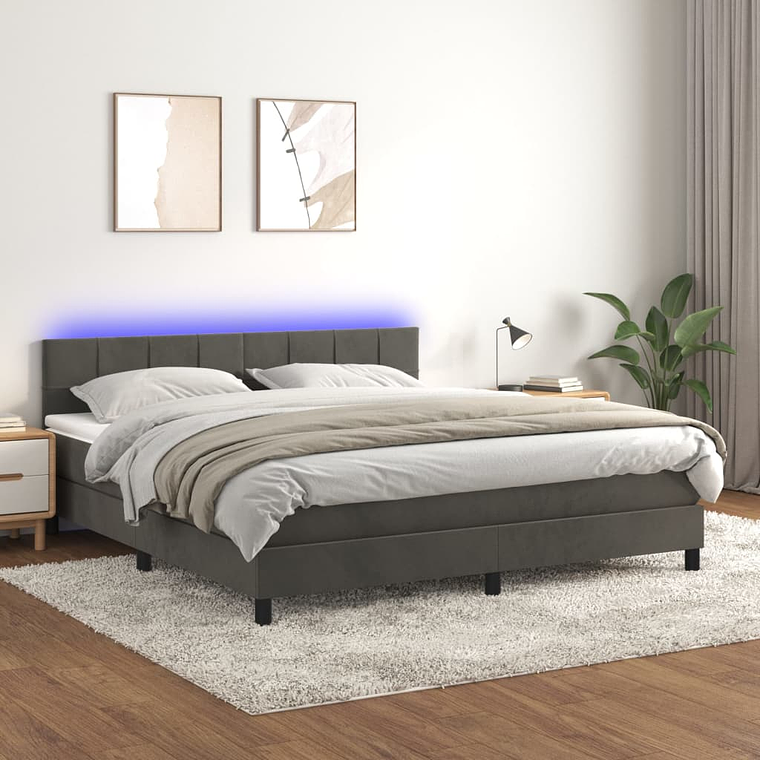 vidaXL Cama box spring c/ colchão/LED 180x200cm veludo cinzento-escuro 1