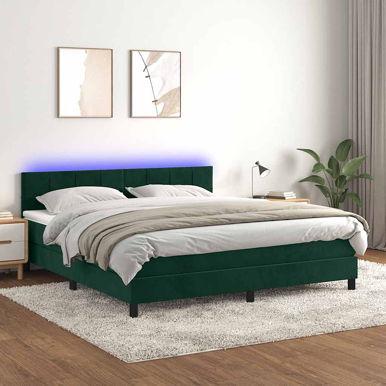 vidaXL Cama box spring c/ colchão/LED 180x200 cm veludo verde-escuro 1