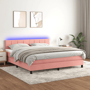 vidaXL Cama box spring c/ colchão/LED 180x200 cm veludo rosa