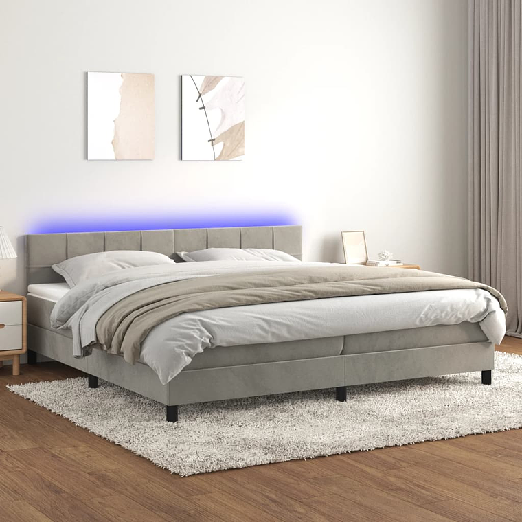 vidaXL Cama box spring c/ colchão/LED 200x200 cm veludo cinzento-claro 1