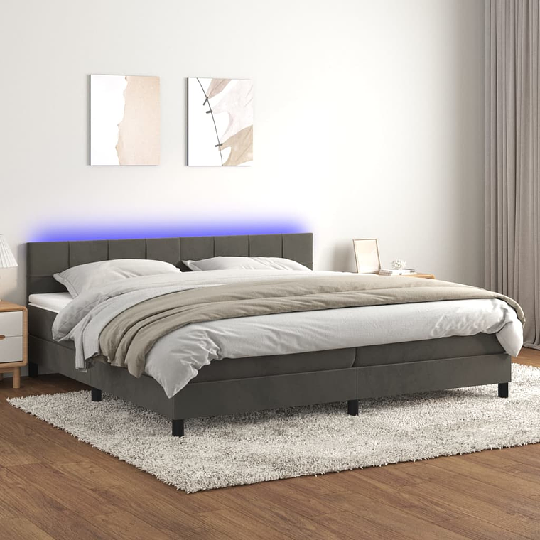 vidaXL Cama box spring c/ colchão/LED 200x200cm veludo cinzento-escuro 1