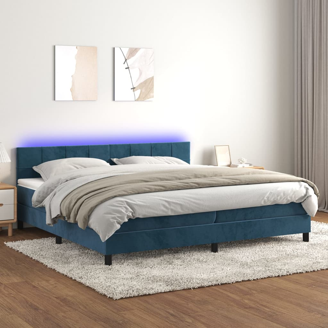 vidaXL Cama box spring c/ colchão/LED 200x200 cm veludo azul-escuro 1