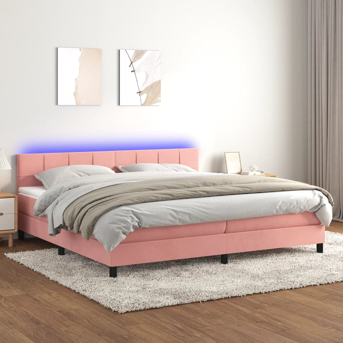 vidaXL Cama box spring c/ colchão/LED 200x200 cm veludo rosa 1