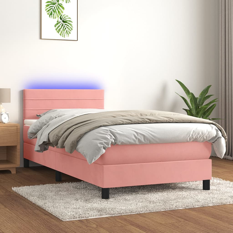 vidaXL Cama box spring c/ colchão/LED 80x200 cm veludo rosa 1