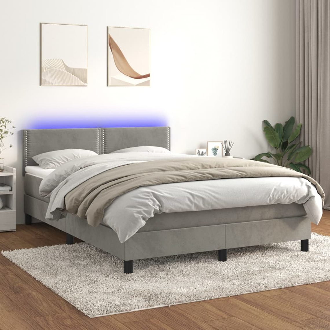 vidaXL Cama box spring c/ colchão/LED 140x200 cm veludo cinzento-claro 1