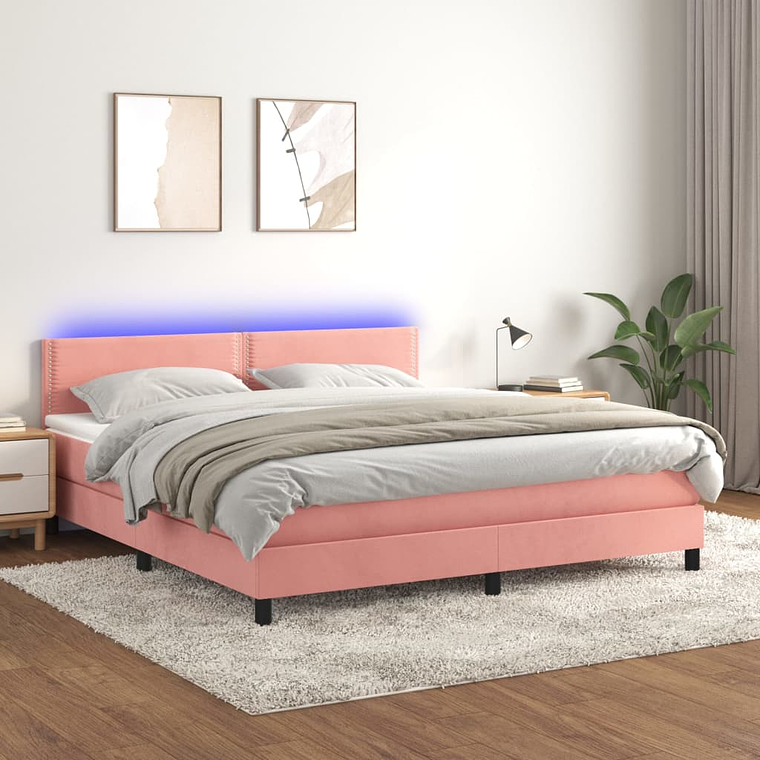 vidaXL Cama box spring c/ colchão/LED 160x200 cm veludo rosa 1