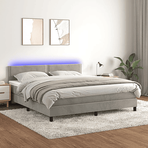 vidaXL Cama box spring c/ colchão/LED 180x200 cm veludo cinzento-claro