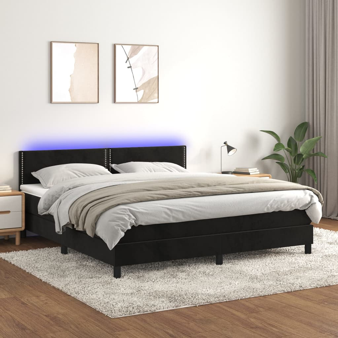 vidaXL Cama box spring c/ colchão/LED 180x200 cm veludo preto 1