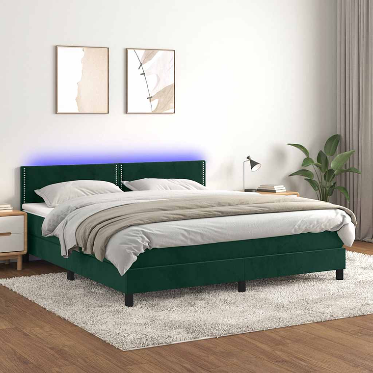 vidaXL Cama box spring c/ colchão/LED 180x200 cm veludo verde-escuro 1