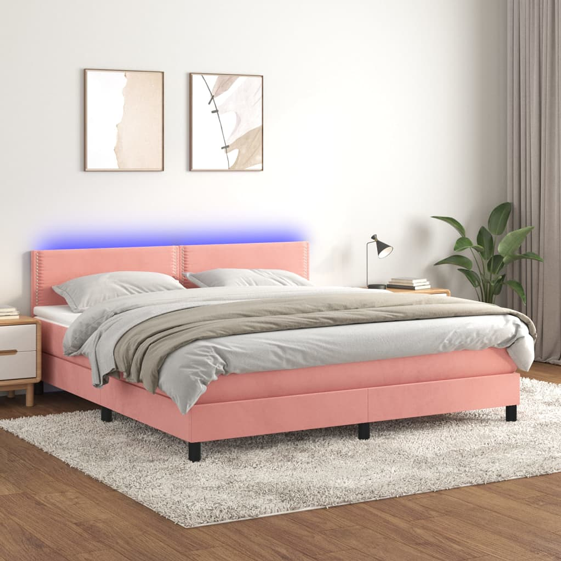 vidaXL Cama box spring c/ colchão/LED 180x200 cm veludo rosa 1
