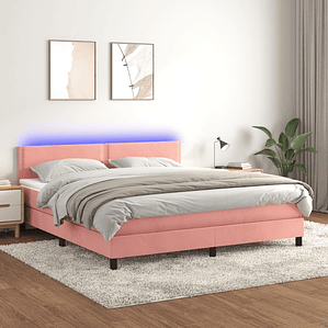 vidaXL Cama box spring c/ colchão/LED 180x200 cm veludo rosa