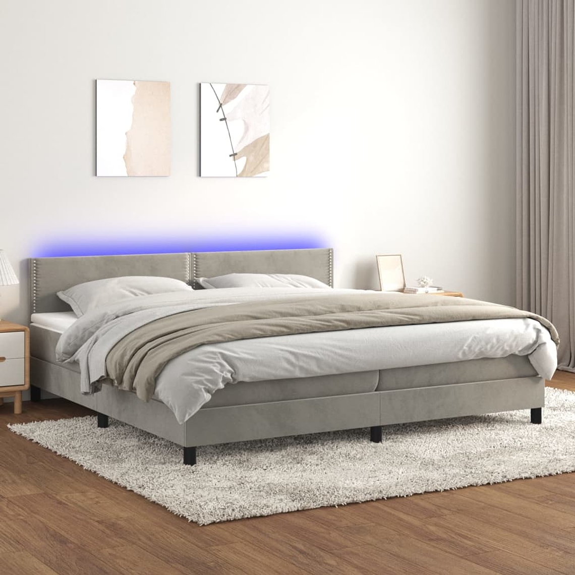 vidaXL Cama box spring c/ colchão/LED 200x200 cm veludo cinzento-claro 1