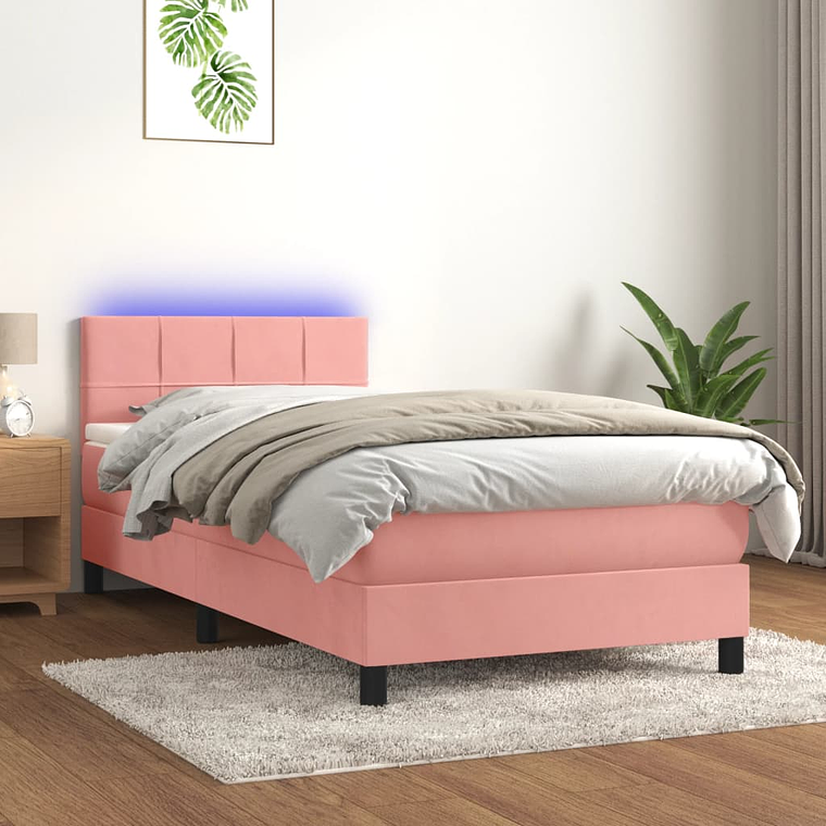 vidaXL Cama box spring c/ colchão/LED 90x190 cm veludo rosa 1