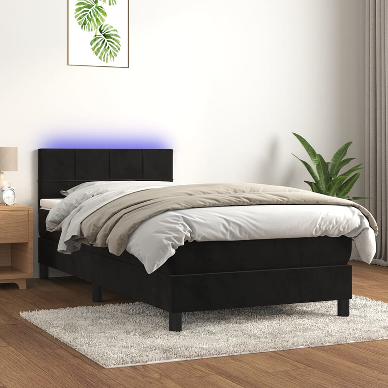 vidaXL Cama box spring c/ colchão/LED 90x200 cm veludo preto 1