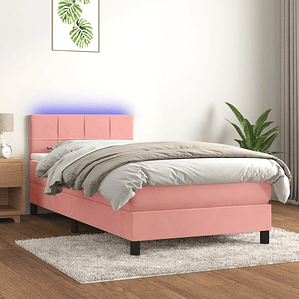 vidaXL Cama box spring c/ colchão/LED 90x200 cm veludo rosa