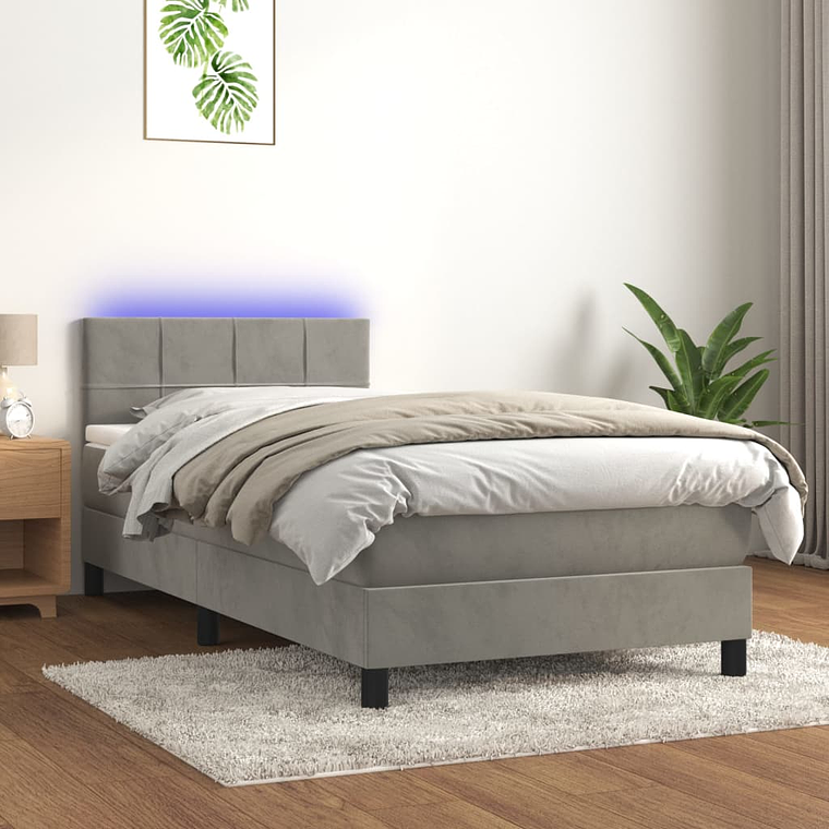 vidaXL Cama box spring c/ colchão/LED 100x200 cm veludo cinzento-claro 1